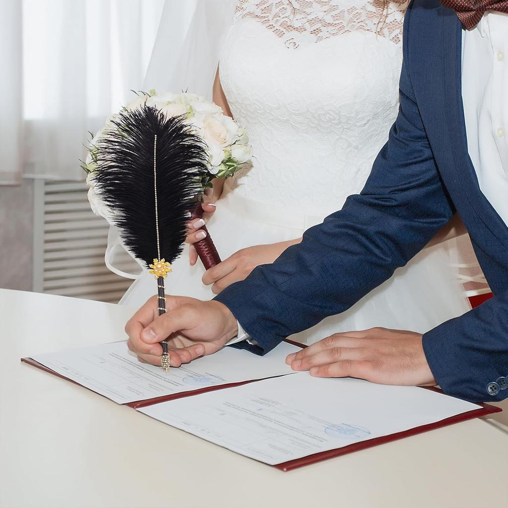 CROWN GUIDE Crystal Ostrich Feather Pen Quills for Wedding Guest Book Signing Nikkah 1920s Great Gatsby Reception Accessories Bridal Shower Party