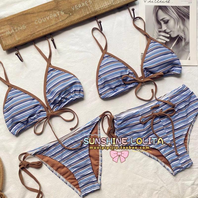 Blogger with striped split bikini swimsuit female sexy babes seaside vacation M 40-47.5kg