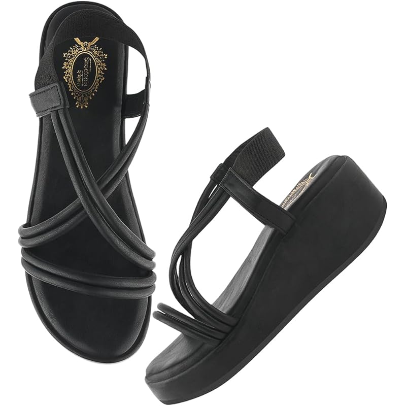 Shoetopia WomenS & Girls Black Wedges Sandal Solid Criss-Cross Strap Design Stylish, Comfortable, Durable Heels Perfe