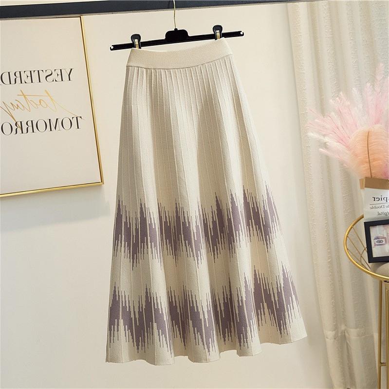 Autumn/Winter Knitted Skirt for Women Geometric Pattern Medium Length High Waisted Skirt A-line Long Skirt