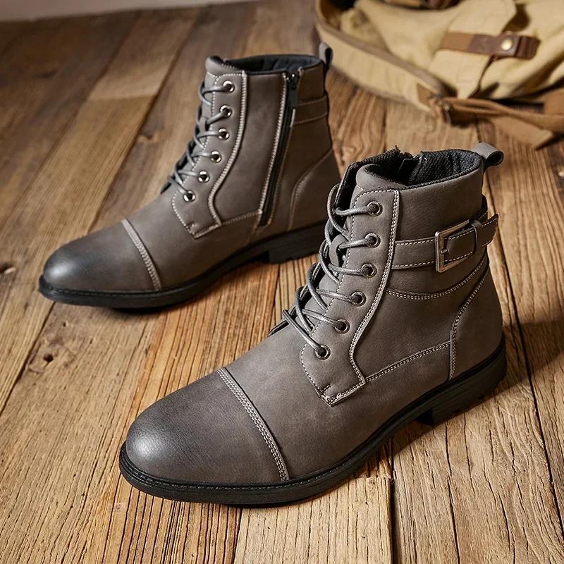 Autumn Winter Anti Slip Retro Man Leather Boots Lace Up High Top Ankle Boots Outdoor Men Martiin Boot Side Zipper Tooling Boots