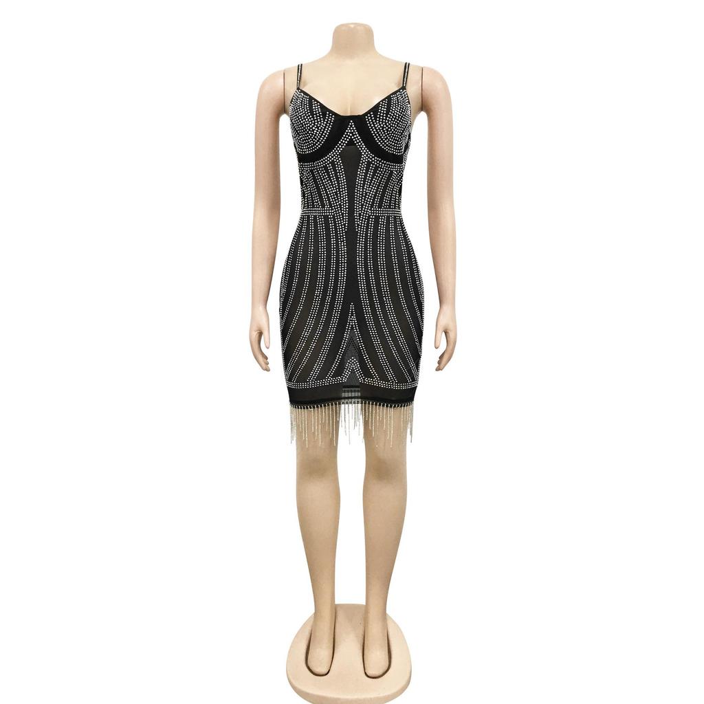 X5633 Strass-Spaghettiträger Fransen Bandagekleid - Sexy Ärmelloses Minikleid