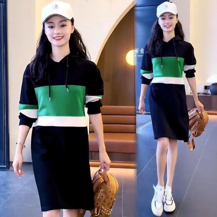 Dámské mikinové šaty s kapucí v korejském stylu - Středně dlouhé, Slim fit, Velká velikost, Trend podzim/zima