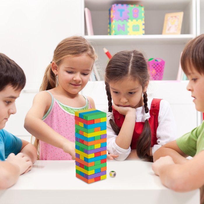 Relaxdays jeu en bois, 48 blocs à empiler, dé, pour enfants dès 3 ans, habileté, tour infernale, multicolore