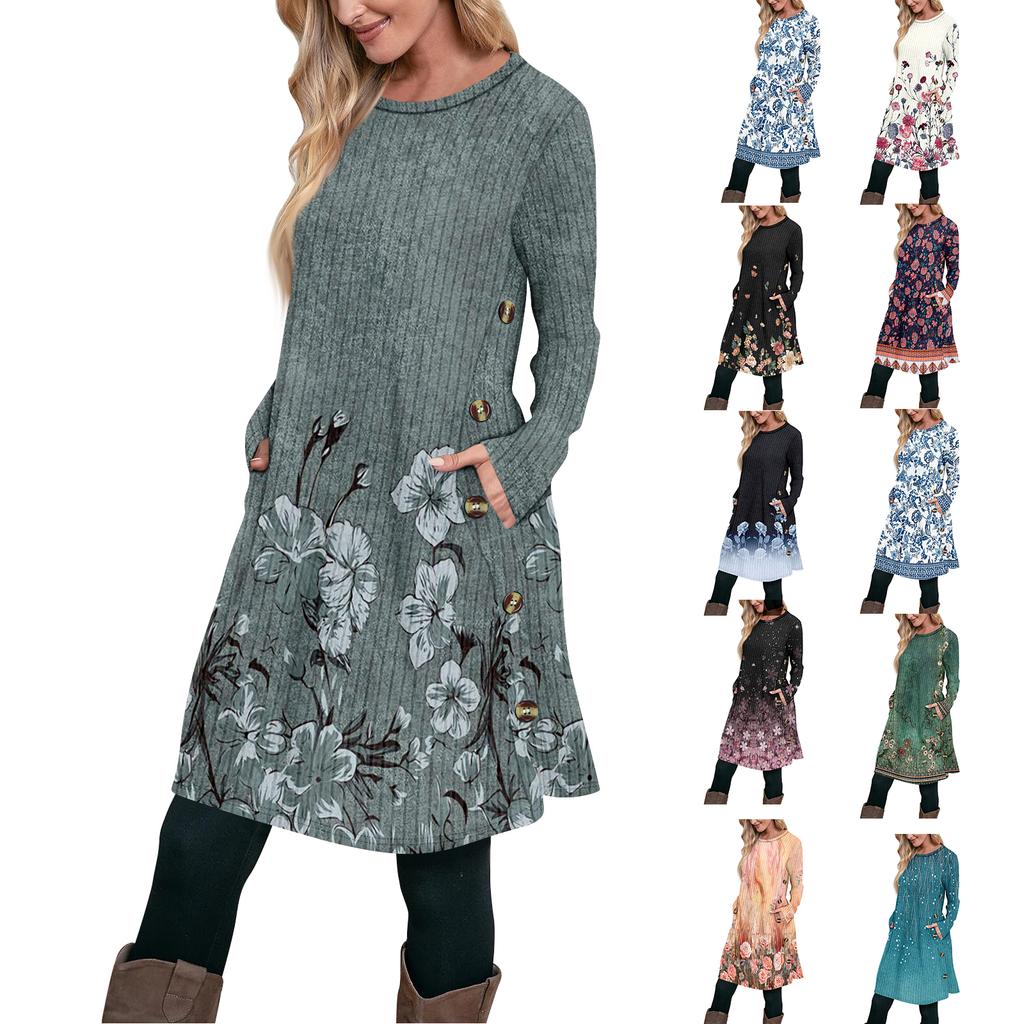 Women's Fashion Casual Long SleeveTunic Dress With Pockets Side Button Dress