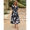 Waist Cinched V-neck Printed Long Skirt Dress Waist Hugging V-neck Print Long dress