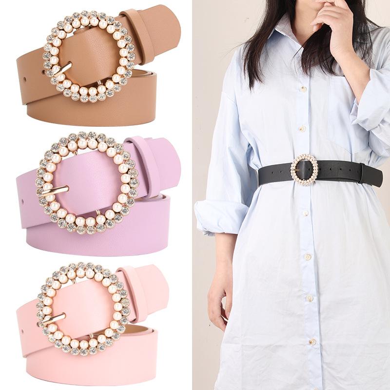 Elegant and Fashionable Women's PU Belt Pearl Alloy Buckle Intellectual Atmospheric Color Multi-choice Decorative Dress Belt