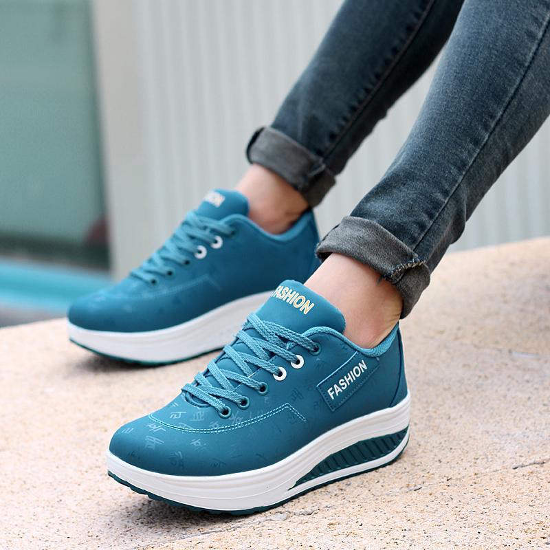 Fashion Women Running Sports Shoes Rocker Shoes Breathable Platform Shoes PU Leather Casual Walking Wedge Heels