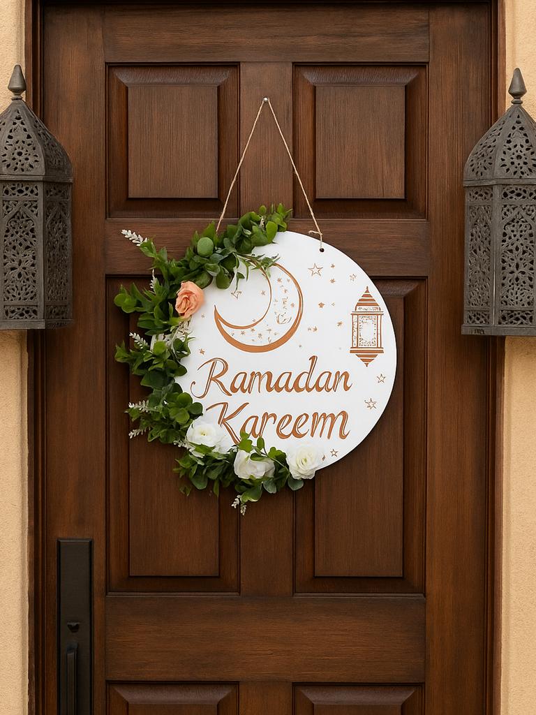 Ramadan Kareem Hängendes Türschild Blumendekor mit Mond-Stern-Laternen-Design Islamische Festdekorationen für Zuhause & Außenbereich Geschenk