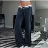 Blue Velvet Casual Pants Streetwear Stitching Straight Trousers Vintage Drawstring Low Rise Loose Women's Pants Basic 2025 Spring Autumn