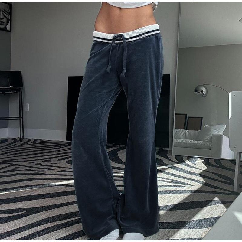 Blue Velvet Casual Pants Streetwear Stitching Straight Trousers Vintage Drawstring Low Rise Loose Women's Pants Basic 2025 Spring Autumn