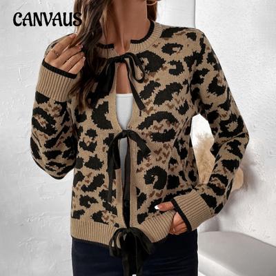 Autumn Women's Sweater Round Neck Tie Cardigan Leopard Print Sweater