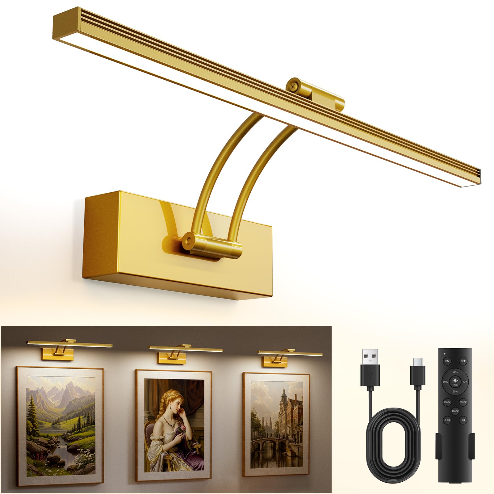 

YITGOG Настенный аккумуляторный светильник для картин, Беспроводной настенный светильник с пультом дистанционного управления, Перезаряжаемый через USB магнитный светильник для картин (Диммируемый, 3 цвета