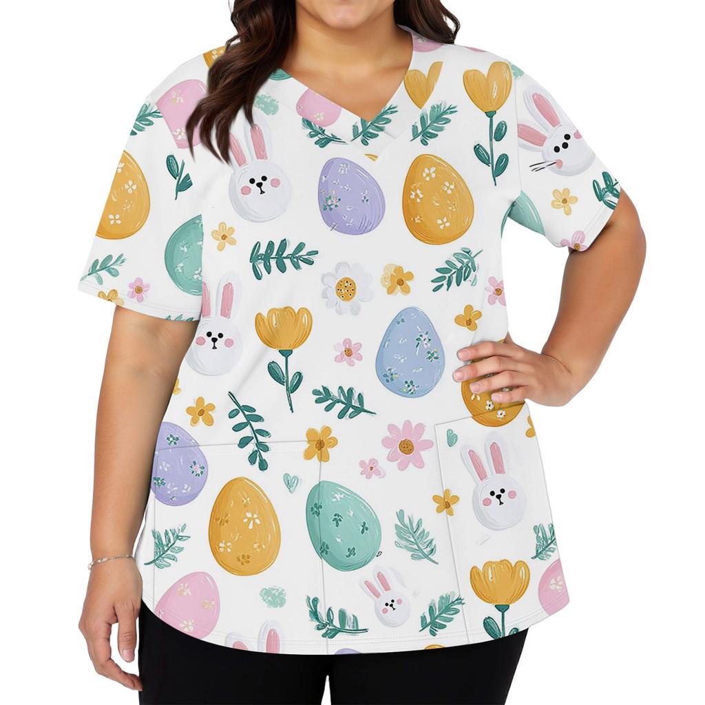 Women's Fashionable V-neck Short-sleeved Work Top With Double Side Slits And Pockets, Featuring Easter Bunny And Egg Prints.