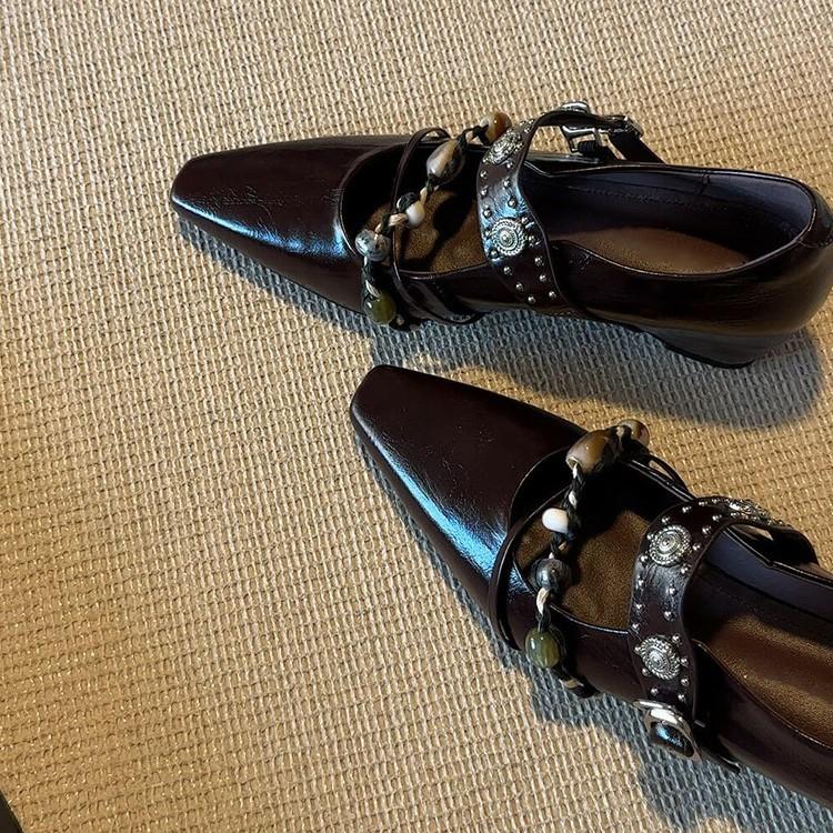 Sheepskin Version~ Retro Style Rivets Beaded Square Head Inner Height Increase Mary Jane Shoes Women's Shallow Mouth Word with Temperament Single Shoe