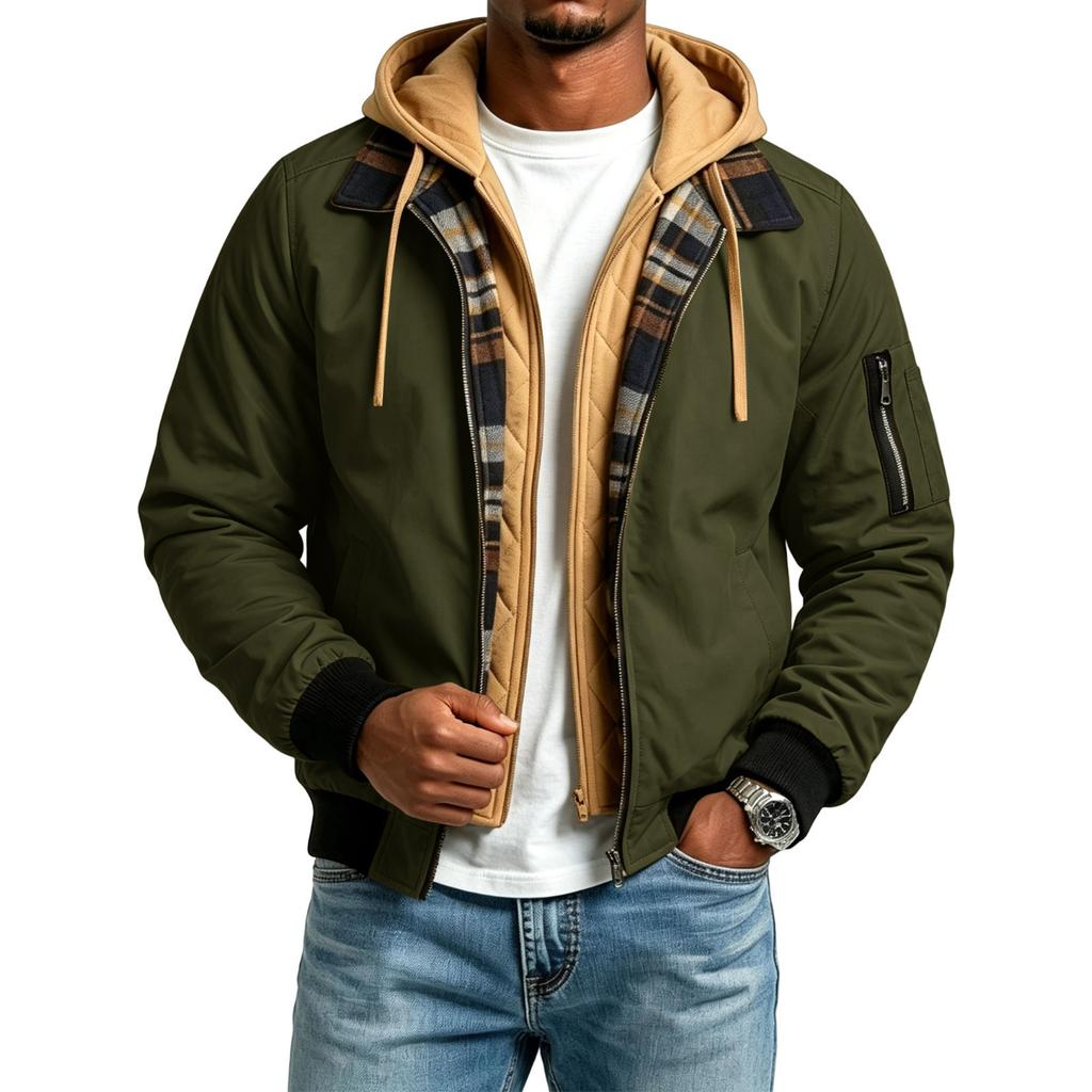 Men's Casual Hooded Flight Jacket with Plaid and Multiple Pockets