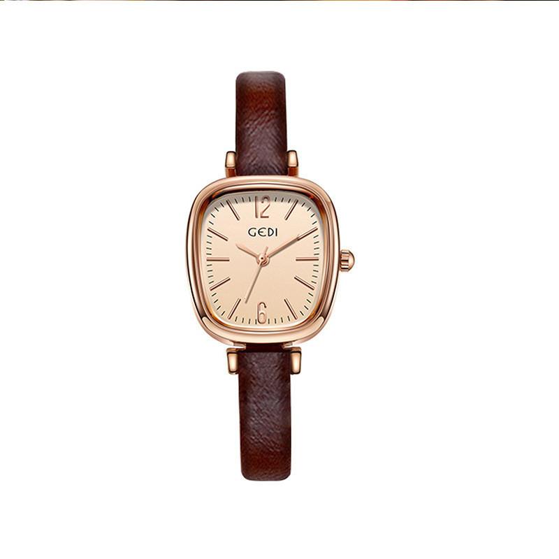 

Gadi Ladies Minimalist Thin Waterproof Quartz Watch With Leather Strap For Casual Wear Coffee Rose Shel lPink