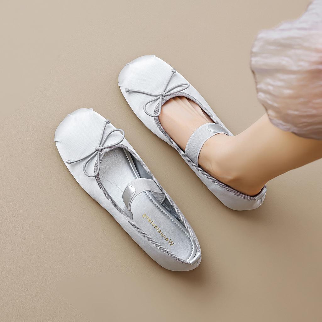 Fashion Pink/Silver Ballerinas Woman 2025 Spring Silk Flat Ballet Shoes Elastic Band Bowtie Mary Janes Ladies Square Toe Roll-Up Loafers
