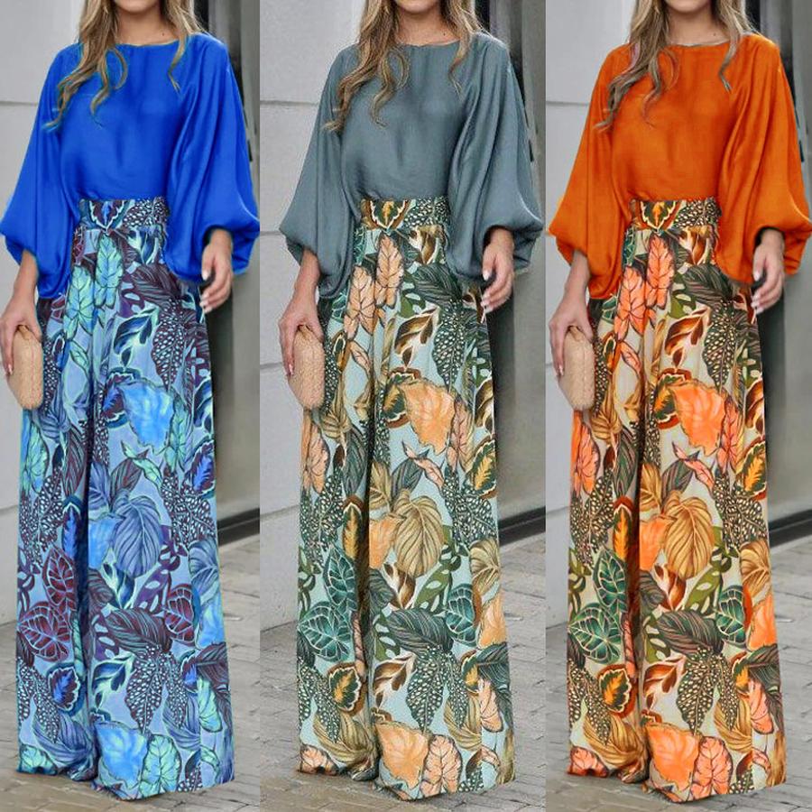 Women's Summer New Foreign Style Set, Lantern Sleeve Loose Top with Printed Wide Leg Pants Outfit