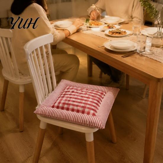 Durable Chair Cushion for Wood Chairs Square Plaid Pad with Ties, Cotton Linen Breathable Seat Cushion, Buffalo Spring Autumn Check Dining Home Office