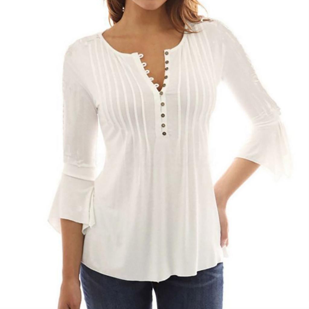 Women Summer Casual Solid Color Button Flared Sleeves T-shirt Top Blouse
