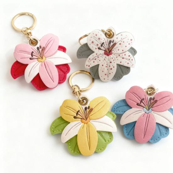 Keychain Pendant Flower Shape Bag Pendant Imitation Leather Access Control Card Holder Protective Cover Car Keychain Hanging Ornament