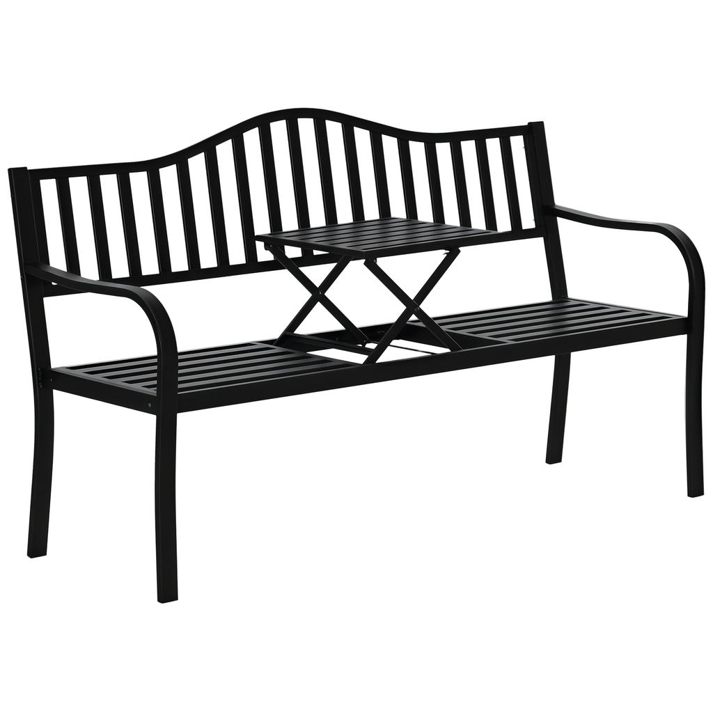 Metall-Gartenbank mit hochklappbarem Mitteltisch. Garten-Zweisitzer. Gartenbank für den Garten. Vorbau. Sitzplätze für 2–3 Personen. Schwarz