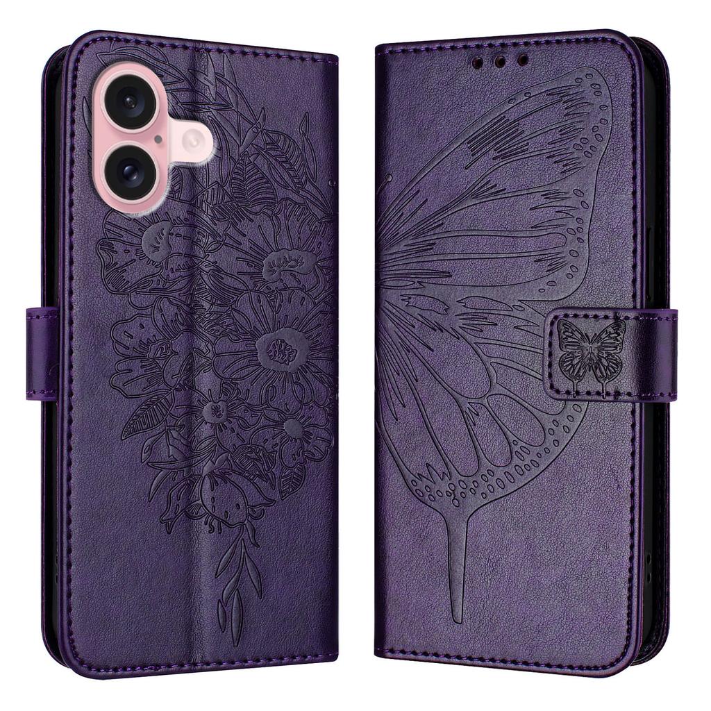 Für iPhone 16 Brieftasche Hülle mit Handschlaufe Schmetterlingsprägung Leder Handyhülle