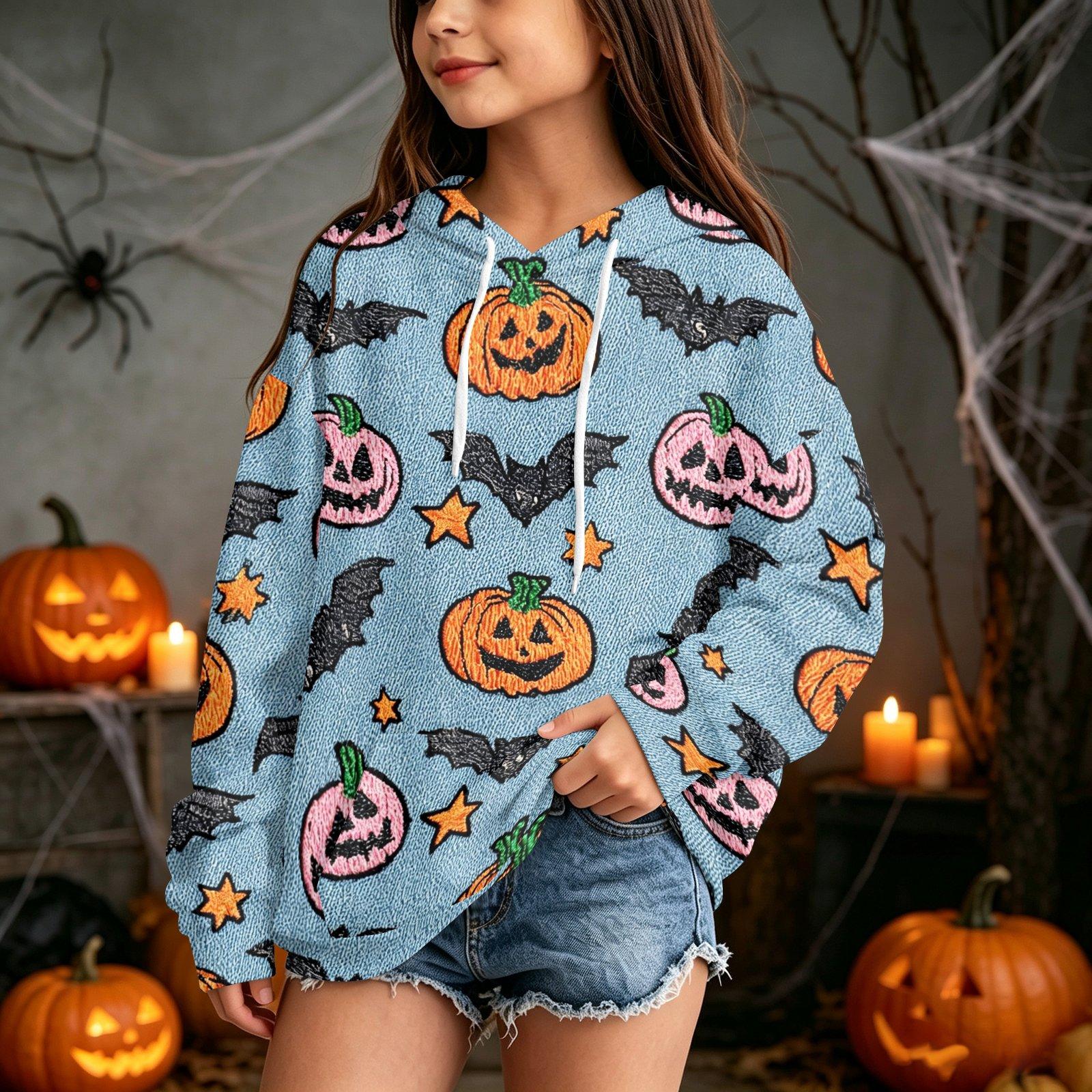 Kids Casual Hooded Sweatshirt with Halloween Print Pullover for Daily Wear 140