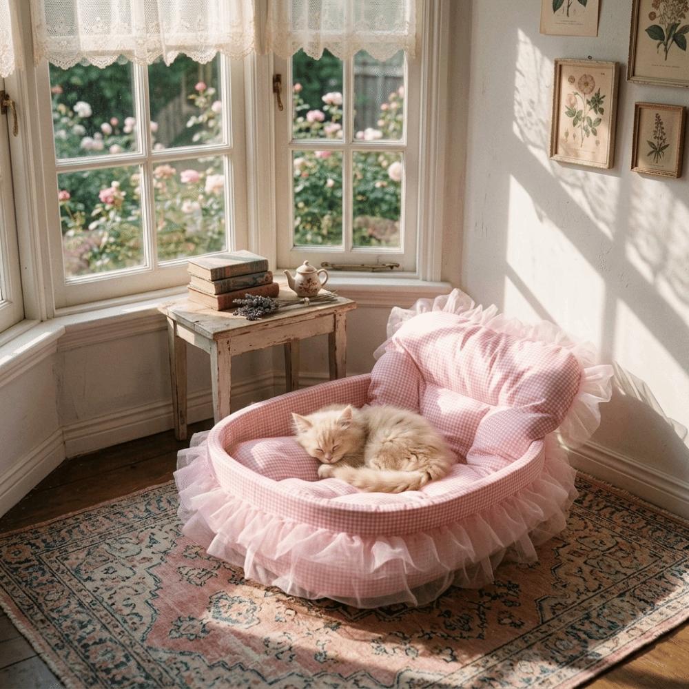 Lace-Trimmed Cat Nest Bed Removable Dog Bed Sweet Pet Princess Sofa Winter