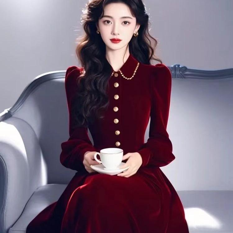 2025 Winter Heiress Style Formal Gown: French Burgundy Velvet Long Dress for Annual Meetings