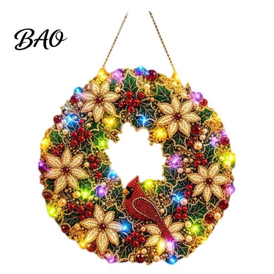 Seasonal Holiday Crafting Set Christmas Diamond Painting Wreath Kit with LED String Lights, Snowman Pearl Art Shiny Acrylic Craft for Adults,