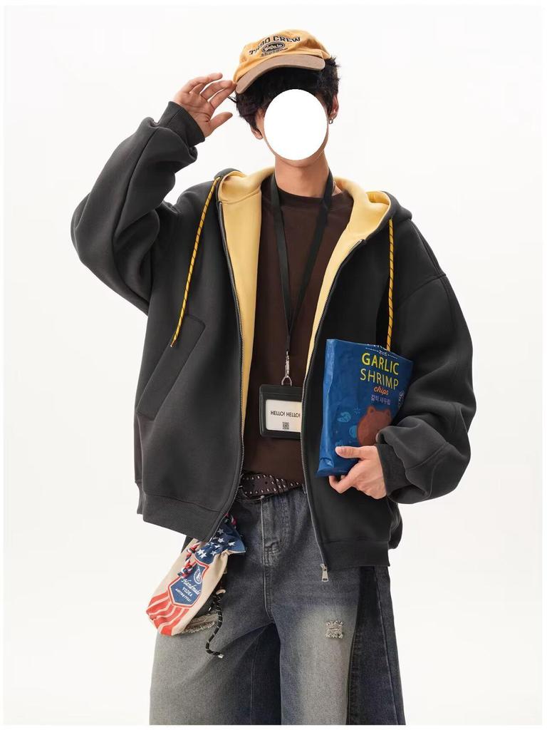 Moletom Color Block Unissex de Outono: Jaqueta Esportiva Solta Estilo College com Zíper Duplo