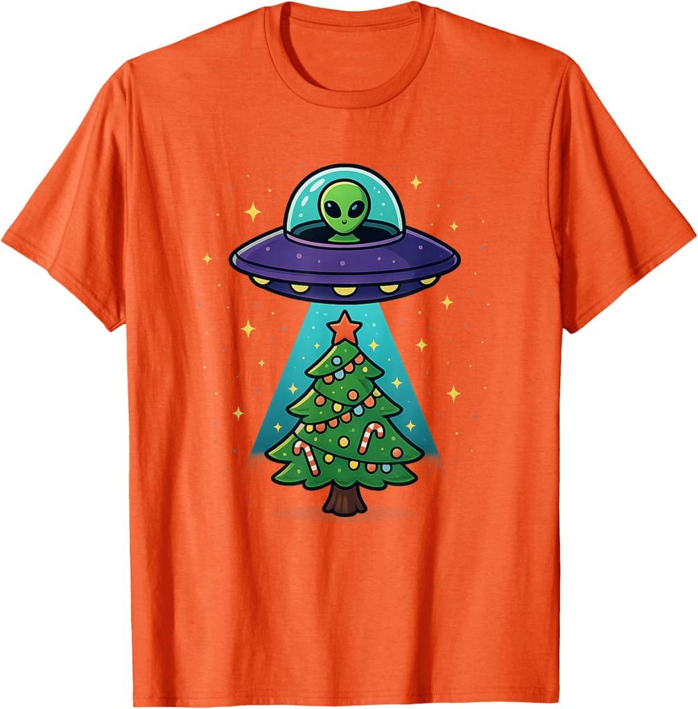 Alien UFO Abduction Christmas Tree Graphic Tee Funny Holiday Casual Cotton T-Shirt
