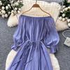Sweet Women's Dress Slash Neck Long Lantern Sleeves Bandage Gathered Waist Spliced Lace Loose A-line Dresses