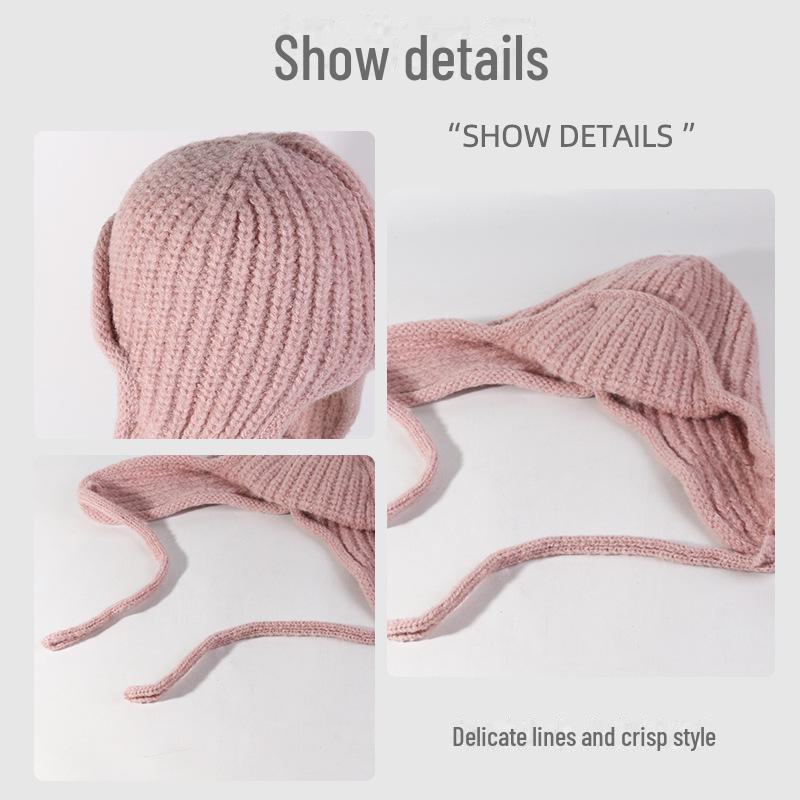 Korean Style Knitted Wool Earmuff Hat: Solid Color, Thickened for Autumn & Winter, with Strap, Unisex.