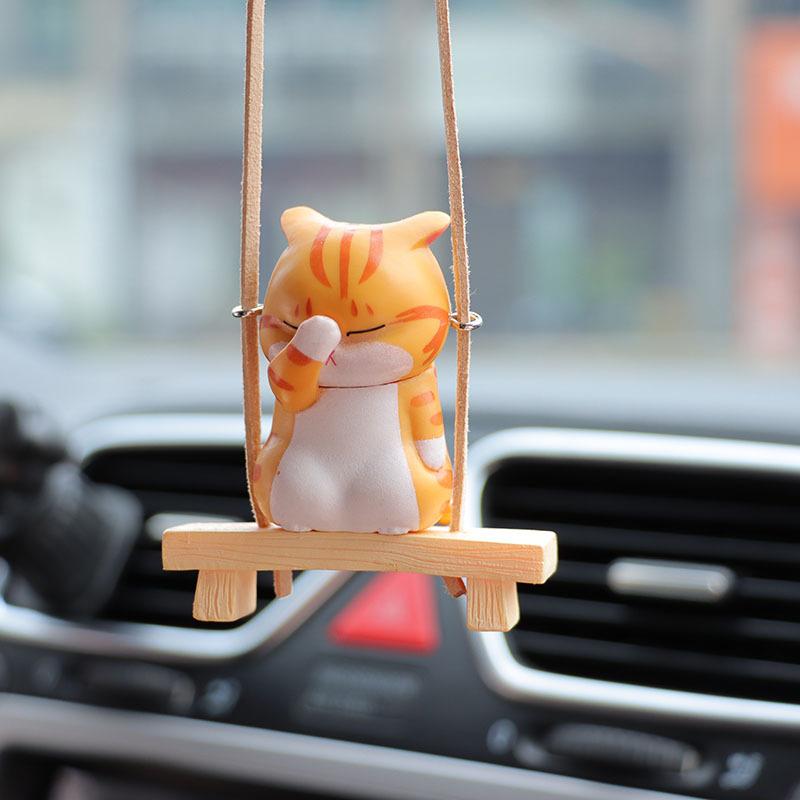 Creative Cartoon Cat Sitting On Stool Swing Car Pendant Car Rearview Mirror Decoration Accessories Cute Funny