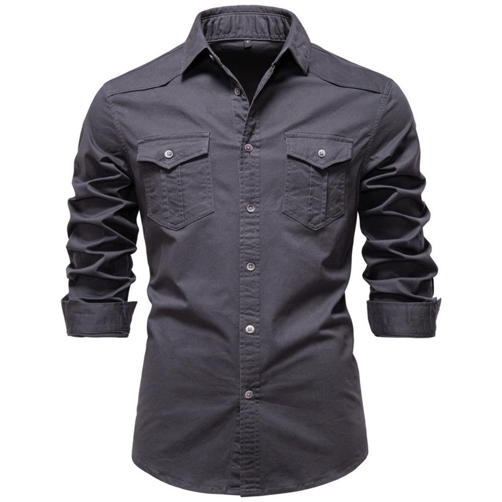 Men's -color Casual Fashionable Long-sleeved Button-down Work- Collar Shirt