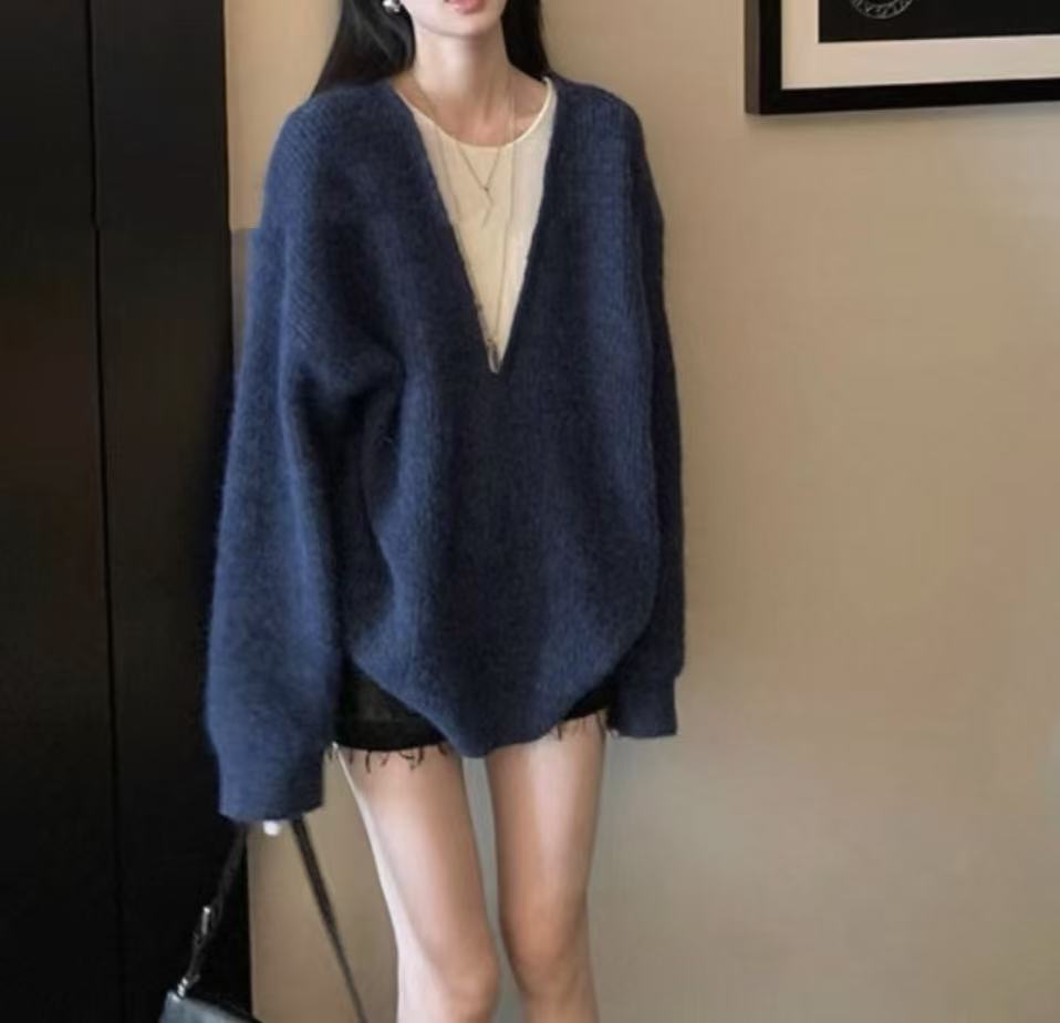 

Женский пуловер-двойка, новинка осени и зимы, ленивый ветер, мягкий восковой трикотажный топ с круглым вырезом one size fits all сапфировый