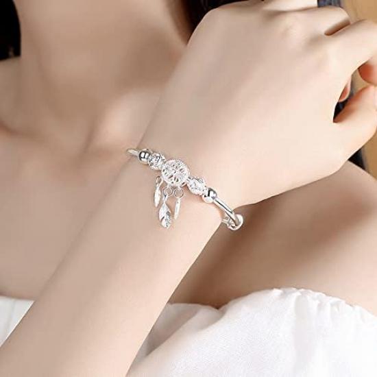 Fuqimanman2020 Silver Dream Catcher Feather Tassel Bracelet Bangle Adjustable Bar for Women Friendship Christmas Mother's Day Jewelry