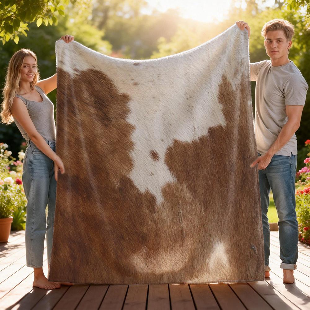 Exquisite Fashion Items Unisex Faux Cowhide Texture Flannel Blanket, Cozy Bedspread Couch Throw For Animal Lovers, Machine Washable Christmas Housewarming Gift