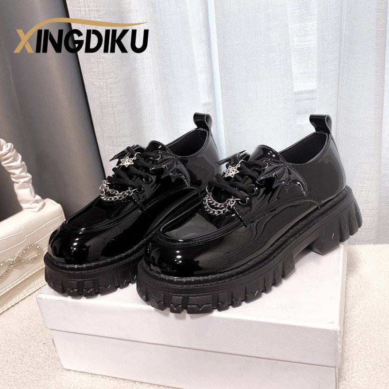 Fashion Punk Wind Fashion Single Shoes Autumn New Devil Bat Wings Gothic Women's Shoes Thick Bottom Waterproof Platform Metal Chain