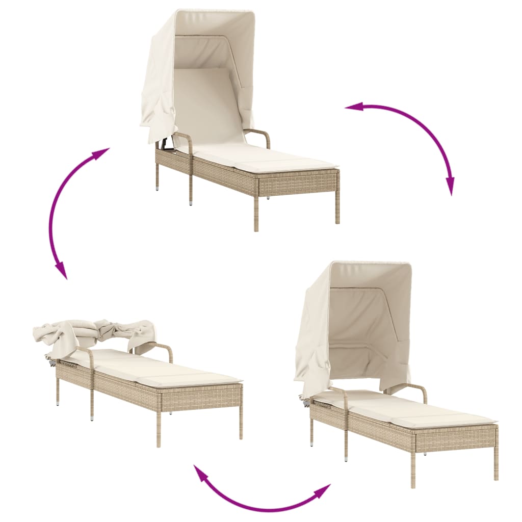 Sun Lounger with Canopy Beige Poly Rattan