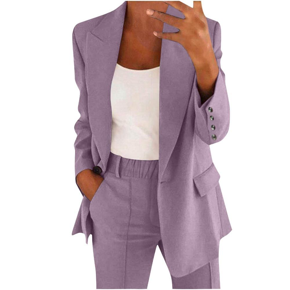 Damen Revers Langarm Blazer Hose 2-teiliges Outfit Elastische Taille Einfarbig Business Casual Anzug Set