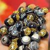 5Pcs, Tibetan Dzi Beads, Golden-Plated Carved Decor with Gemstone Inlay, Ethnic Style DIY Bracelet Necklace Jewelry Spacer, Loose Beads 12×14mm