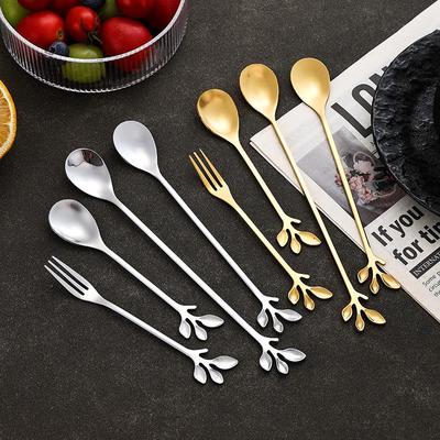 Gold Stainless Steel Leaf Spoon and Fork Set - Long Handle for Stirring, Desserts, and Coffee