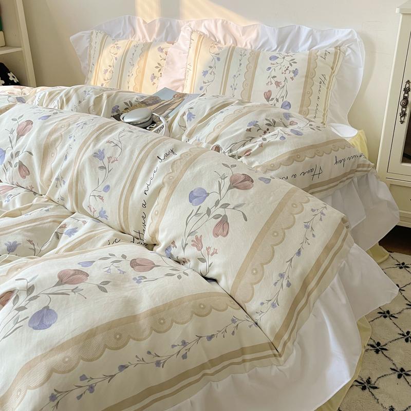 Korean Style Princess Floral Washed Cotton Bedding Set Vintage French Pastoral Flowers Lace Ruffles  Duvet Cover Set Pillowcase