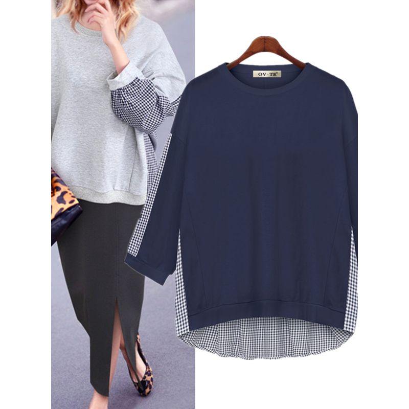 

Spring New Arrival Plus Size Women s Clothing Fashion Style Loose Slimming round Neck Sweatshirt Cool Long Sleeve Gingham Color Matching Top White L