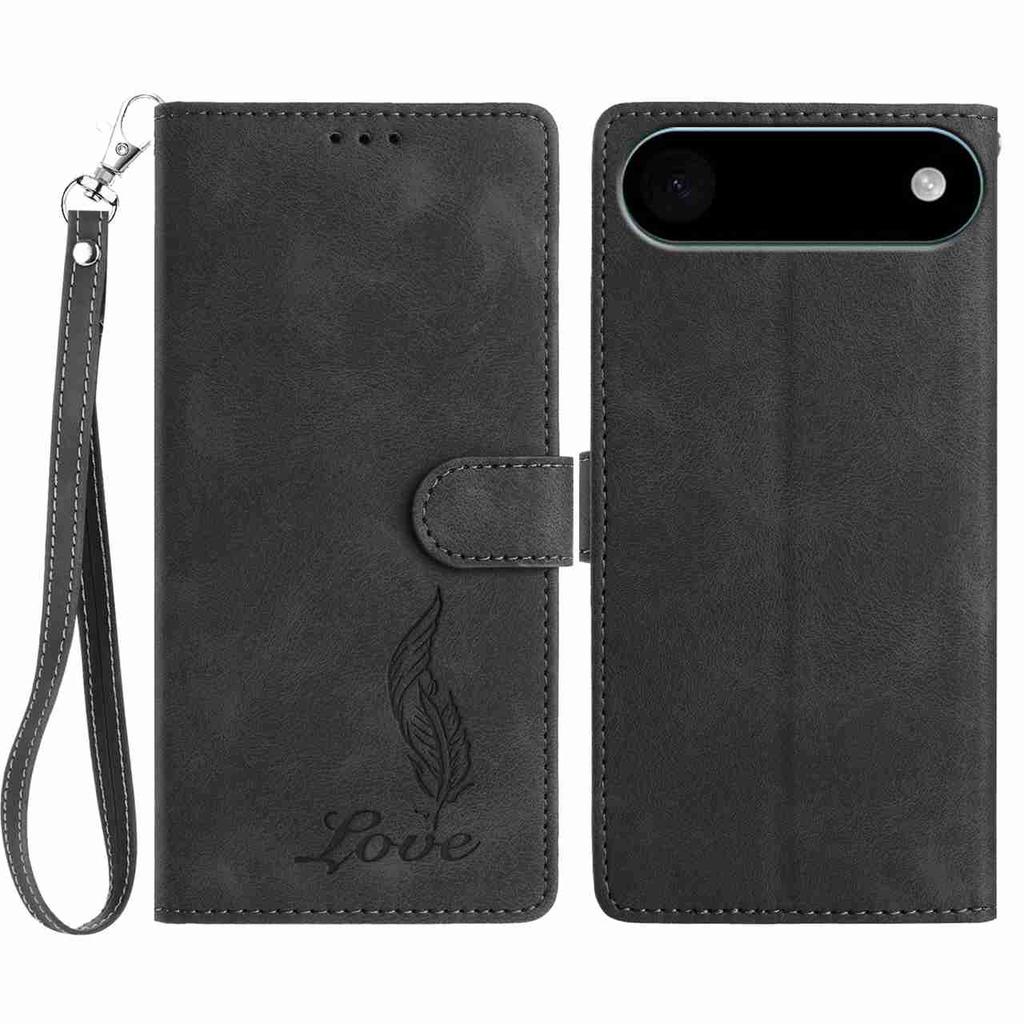For iPhone 17 Air Case Imprinted Feather PU Leather Wallet Phone Cover with Wrist Strap