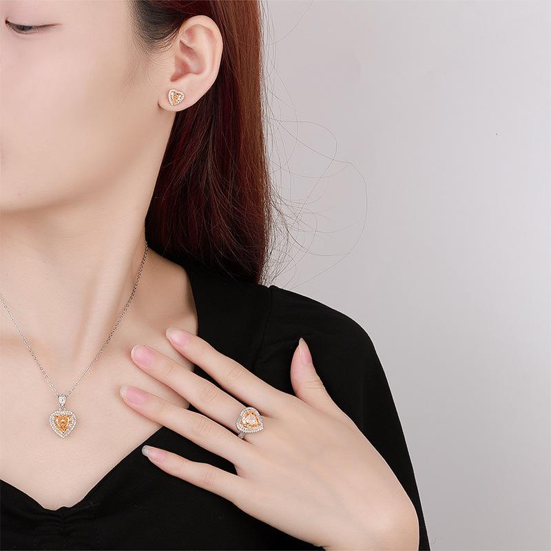 Heart-Shaped Ice Flower Cut Yellow Diamond Jewelry Set in Copper - 10*10-6*6 High Carbon Diamond for Autumn/Winter.